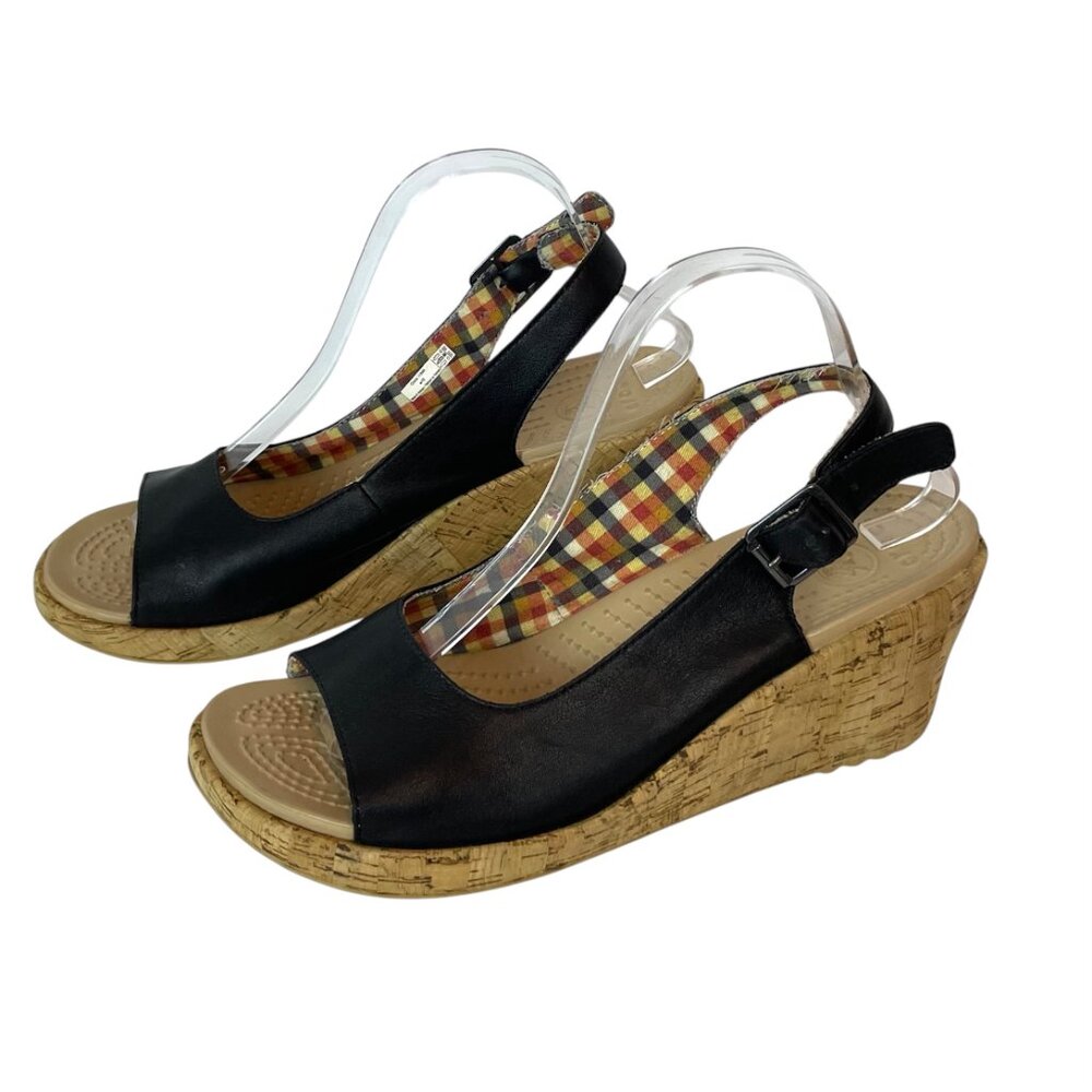 Crocs A-Leigh Wedge Slingback Heel Shoes Cork Leather Black Women's Size 10